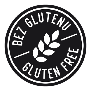 Broszka z rysunkiem przekreślonego kłosa i napisem Gluten Free